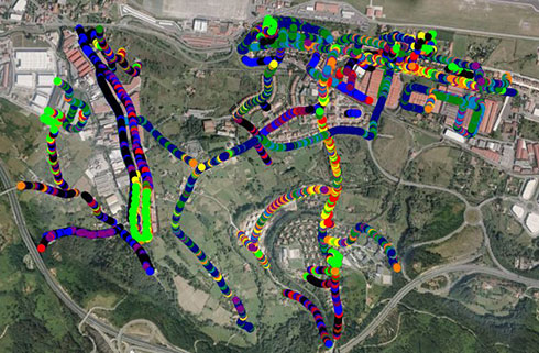 Mapa Lumínico con los niveles de iluminancia, E (lux), en cada punto de medida a lo largo de las calles del municipio.