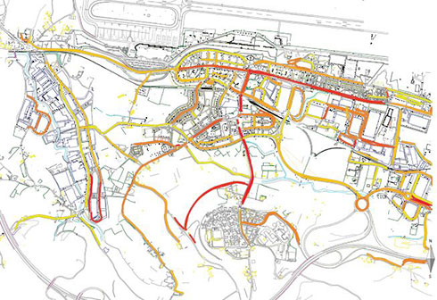 Mapa Lumínico de los niveles de iluminancia promedio, Em (lux), en cada una de las calles obtenido tras el tratamiento específico en GIS.