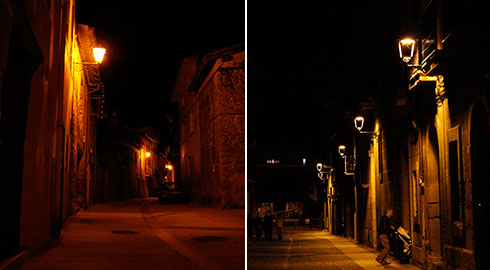 Renovación de alumbrado exterior. Situación inicial (izda.) y final (dcha.)